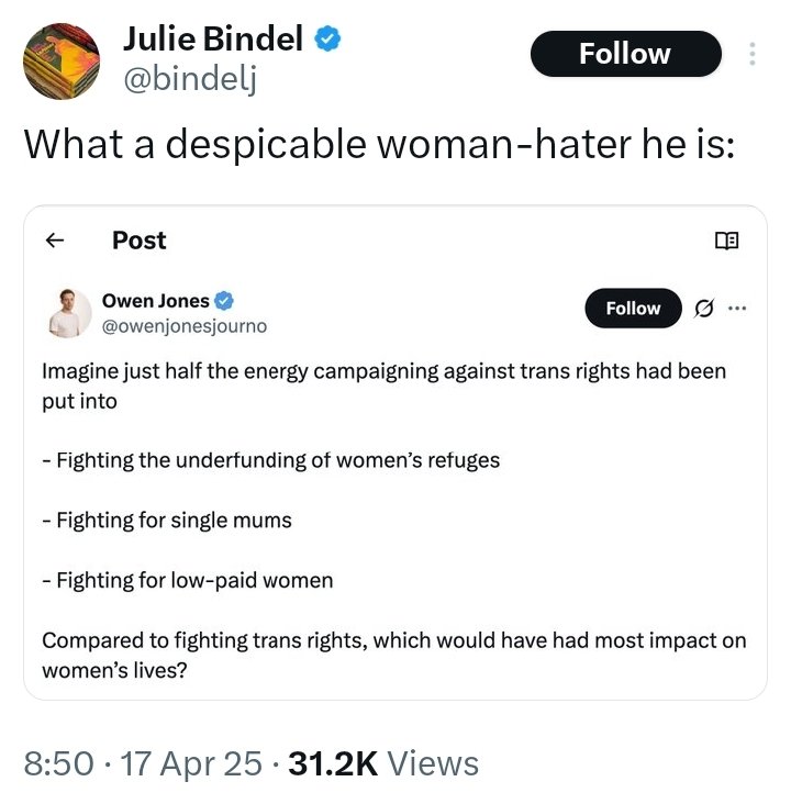 It really does sum up how seriously TERFs take their "feminist" cosplay to see Owen Jones called "woman-hater" for mentioning issues that actually meaningfully effect women rather than a hate crusade that only fulfils the desires of a handful of hyper wealthy bigots and bullies.