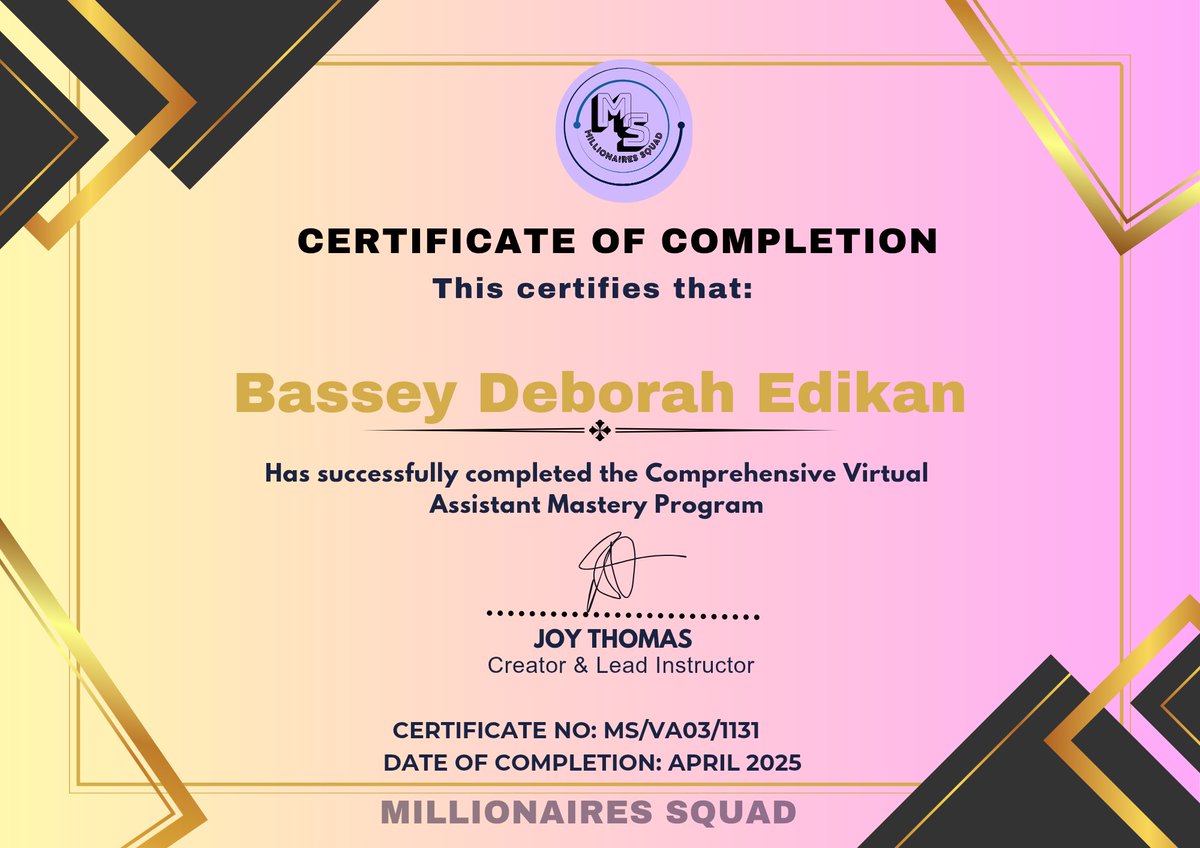DeborahBassey25's tweet photo. I just earned my certification through @millionaresquad and I’m ready to help busy entrepreneurs stay organized, stress-free, and productive💻. 
#VirtualAssistant #MillionaireSquadCertified #VAlife #CanvaVA #AdminExpert #RemoteWork https://t.co/UjK0ZVATXE