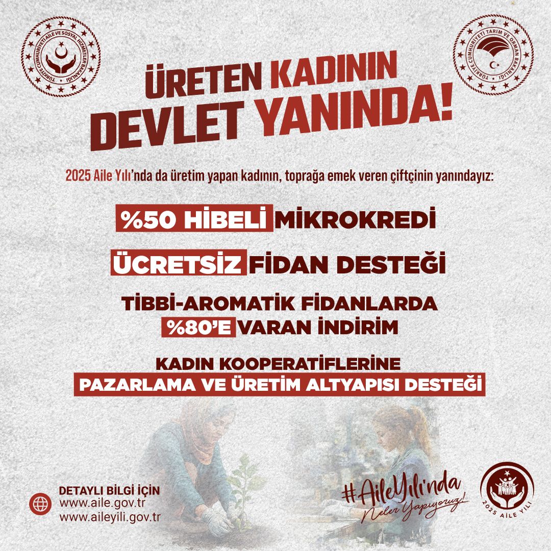 2025 #AileYılı’nda üretim yapan kadınların ve toprağa emek veren çiftçinin yanındayız.

<a href="/TCTarim/">T.C. Tarım ve Orman Bakanlığı</a> 

#AilemizGeleceğimiz 
#AileYılındaNelerYapıyoruz