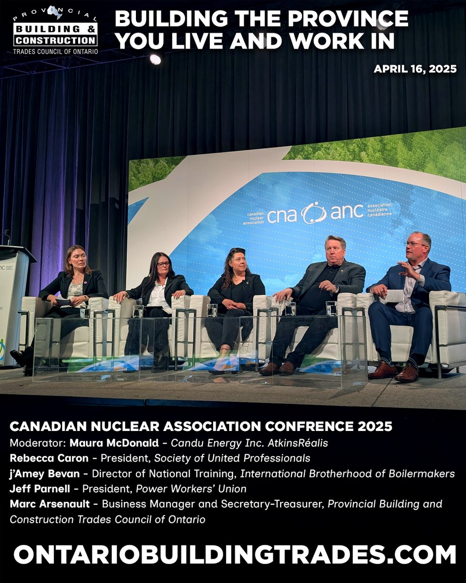 Yesterday, <a href="/PBCTCOntario/">Ontario Building & Construction Trades Council</a>'s Marc Arsenault spoke at #CNA2025 about mobilizing organized labour for a net-zero future. He emphasized the need for initiatives like <a href="/CTAOnt/">Construction Training & Apprenticeship Ontario</a> and <a href="/OBCTradeswomen/">OBCTradeswomen</a> to diversify our #SkilledTrades workforce in the nuclear industry. 🌍🔧 #NetZeroFuture