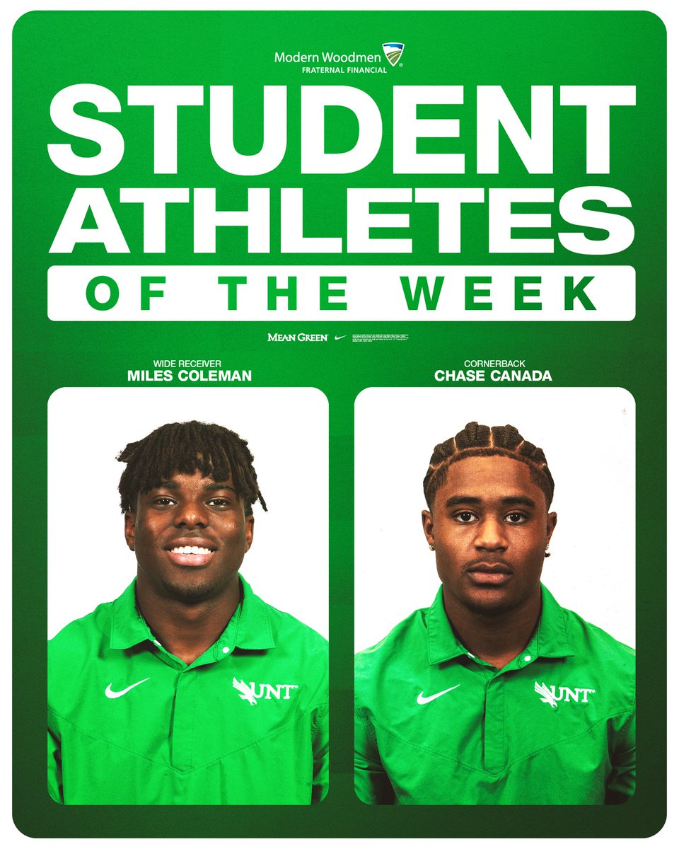 UNT Football (@meangreenfb) on Twitter photo Congrats to our Student-Athletes of the Week, <a href="/Milescoleman14/">Miles Coleman</a> and <a href="/ccanada9/">Chase “Zero” Canada⚜️</a> ! 💯📚
#GMG🦅 Congrats to our Student-Athletes of the Week, <a href="/Milescoleman14/">Miles Coleman</a> and <a href="/ccanada9/">Chase “Zero” Canada⚜️</a> ! 💯📚
#GMG🦅