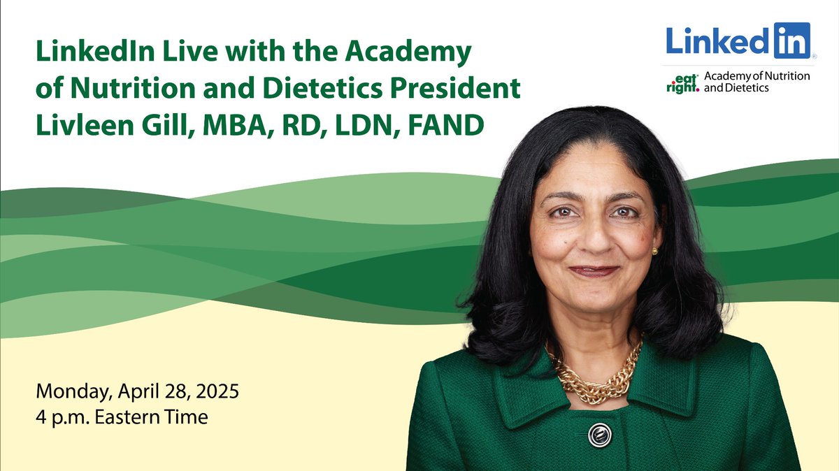 📽️ Join Academy President Livleen Gill, MBA, RD, LDN, FAND, on April 28 for an overview of #eatrightPRO's new 2025-2030 Strategic Plan and answer your questions!

💻 Ask yours in advance and tune in for this conversation for both members and non-members: sm.eatright.org/AprilLivleenLi…