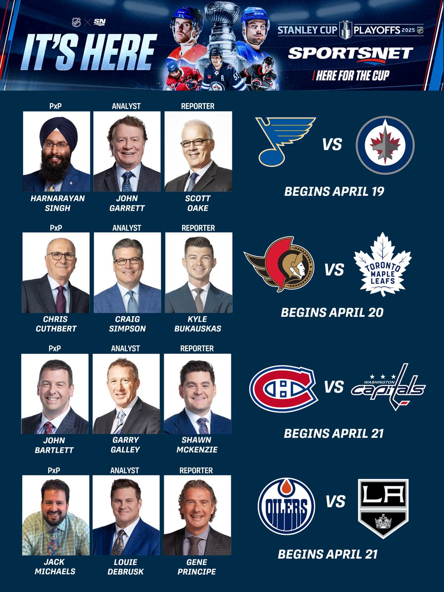 SportsnetPR's tweet image. 16 Teams. 1 Champion. 🏆
@Sportsnet announces 2025 Stanley Cup Playoffs First Round coverage details, including 4 series featuring Canadian teams! 🏒
All the details 👉 bit.ly/42NqEmd