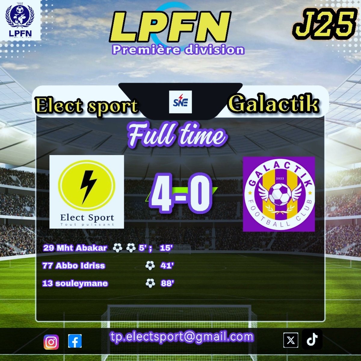 ElectFc's tweet photo. #LPFN j25
Large Victoire très importante des Jaunes et noirs.
Il reste une finale contre @as_psi_officiel
Avec un doublé de l'inévitable Mahamat Abakar, un but de Abbo Idriss et un but de Souleymane.
#AllezLesJaunesEtNoirs #ElectSportJoueEtGagne 💛🖤 https://t.co/YHUxwx0aaI
