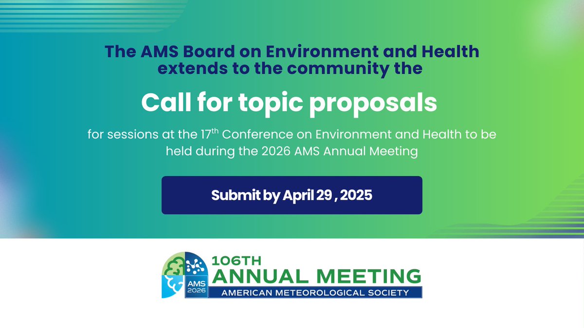 AMS Health (@ams_health) on Twitter photo 🏃🏃♀️🏃♂️The Call for Session Proposals is open for #17Health conference at #AMS2026 <a href="/ametsoc/">American Meteorological Society</a>
🏙️ Houston, TX 25–29 Jan2026
📝 Submit your session topic by Tue, 29 Apr 2025 🔗 ams.confex.com/ams/106ANNUAL/…
Let’s build a diverse program! All disciplines, voices, and ideas are welcome! 🏃🏃♀️🏃♂️The Call for Session Proposals is open for #17Health conference at #AMS2026 <a href="/ametsoc/">American Meteorological Society</a>
🏙️ Houston, TX 25–29 Jan2026
📝 Submit your session topic by Tue, 29 Apr 2025 🔗 ams.confex.com/ams/106ANNUAL/…
Let’s build a diverse program! All disciplines, voices, and ideas are welcome!