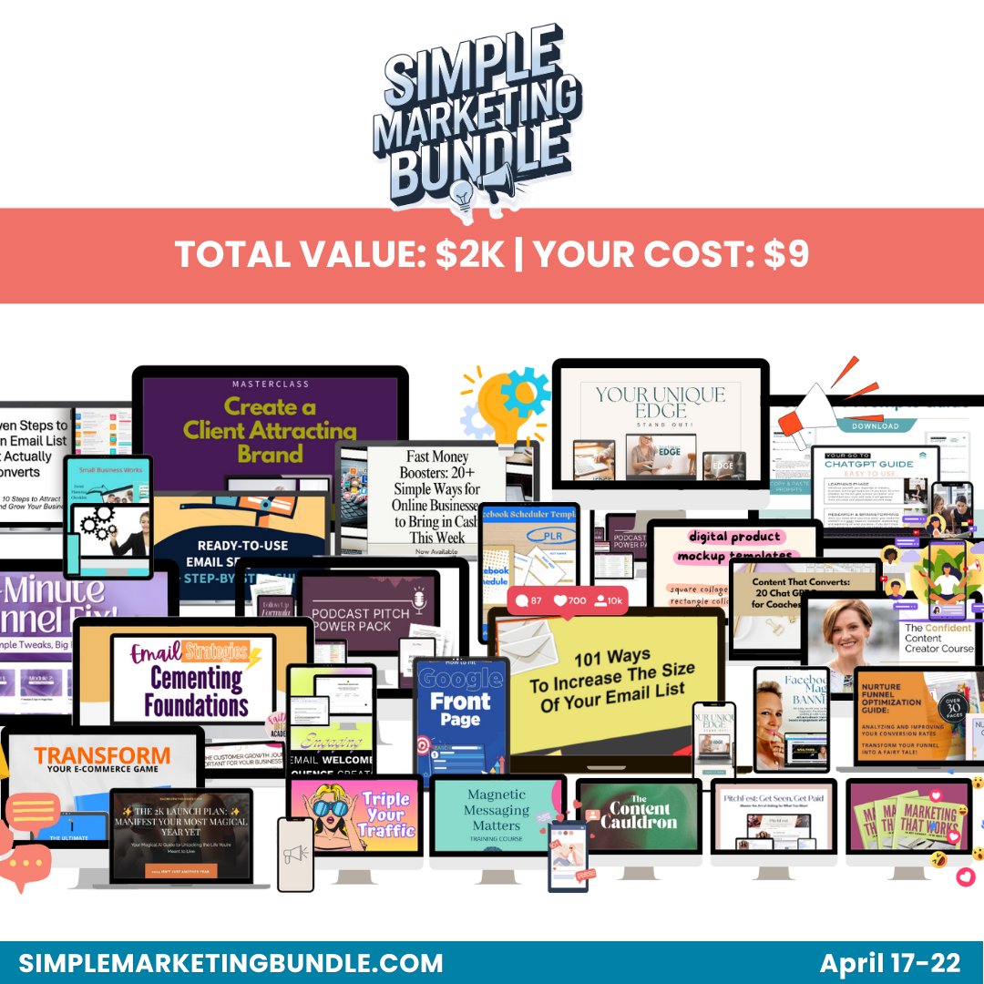 LevaDuell's tweet photo. The Simple Marketing Bundle is here 🥳 Get 40+ incredible resources ( $2,000+ value) to simplify marketing in your online business for just $9! https://t.co/Zta19tyqfT https://t.co/4eUYv7opM8