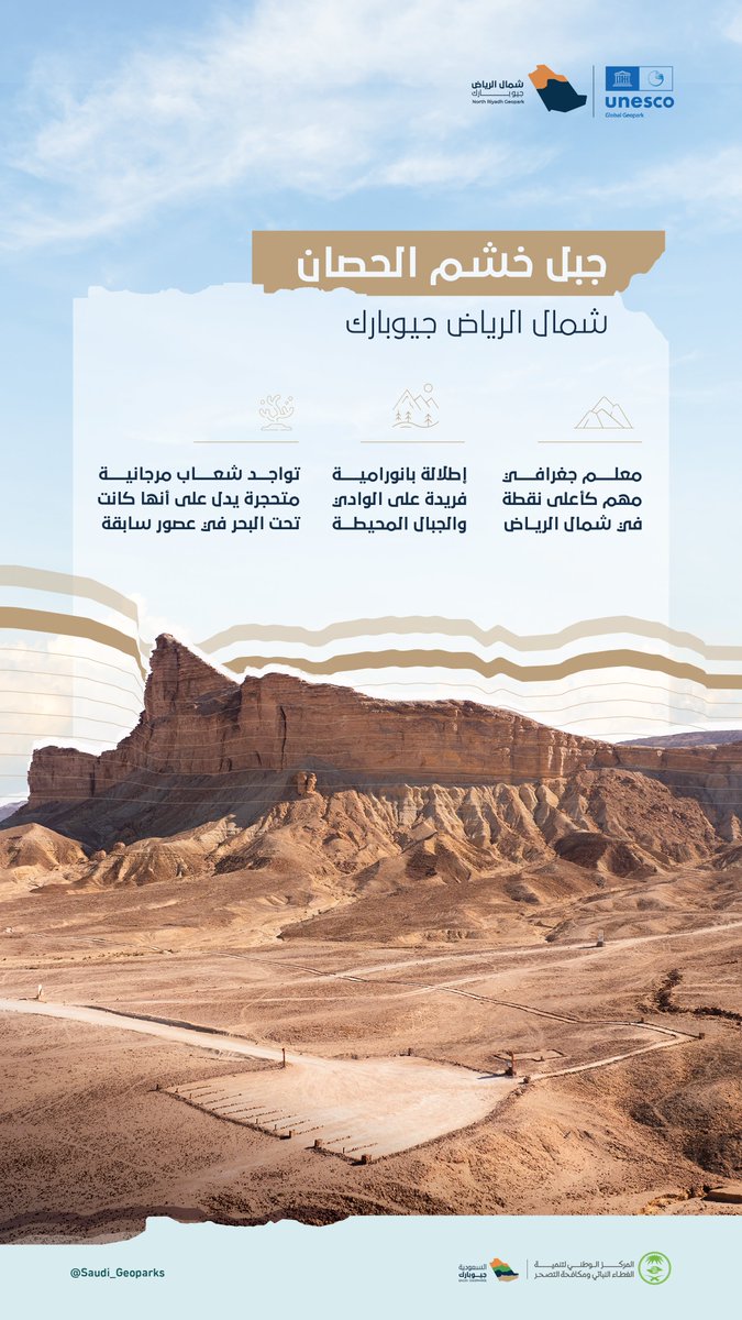 NRGeopark's tweet image. جبل خشم الحصان، معلم جيولوجي نادر يشهد على تنوع تضاريس المملكة وثرائها الجيولوجي الممتد لملايين السنين. #أرضنا_تراث_العالم #شمال_الرياض_جيوبارك