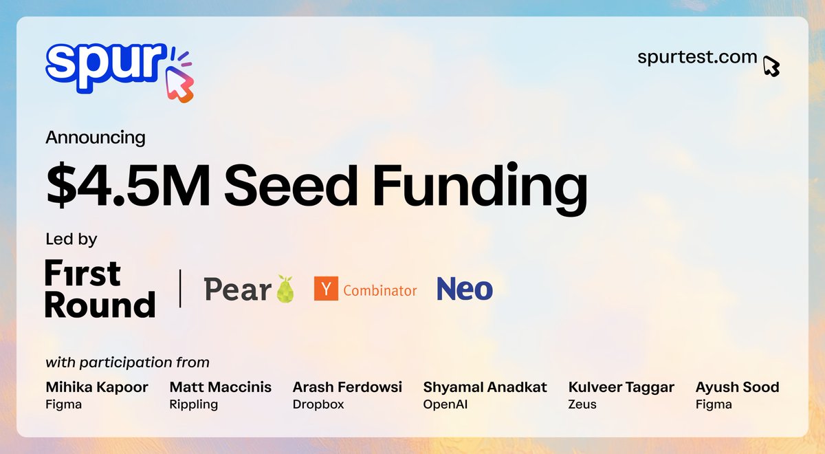spurtest_'s tweet image. We're excited to share that @spurtest_ has raised $4.5M, led by @firstround to allow teams to own high quality testing
We've partnered with some of the most customer centric companies like @wander @ycombinator @LivingSpaces @flynorse to deliver the best user experiences
