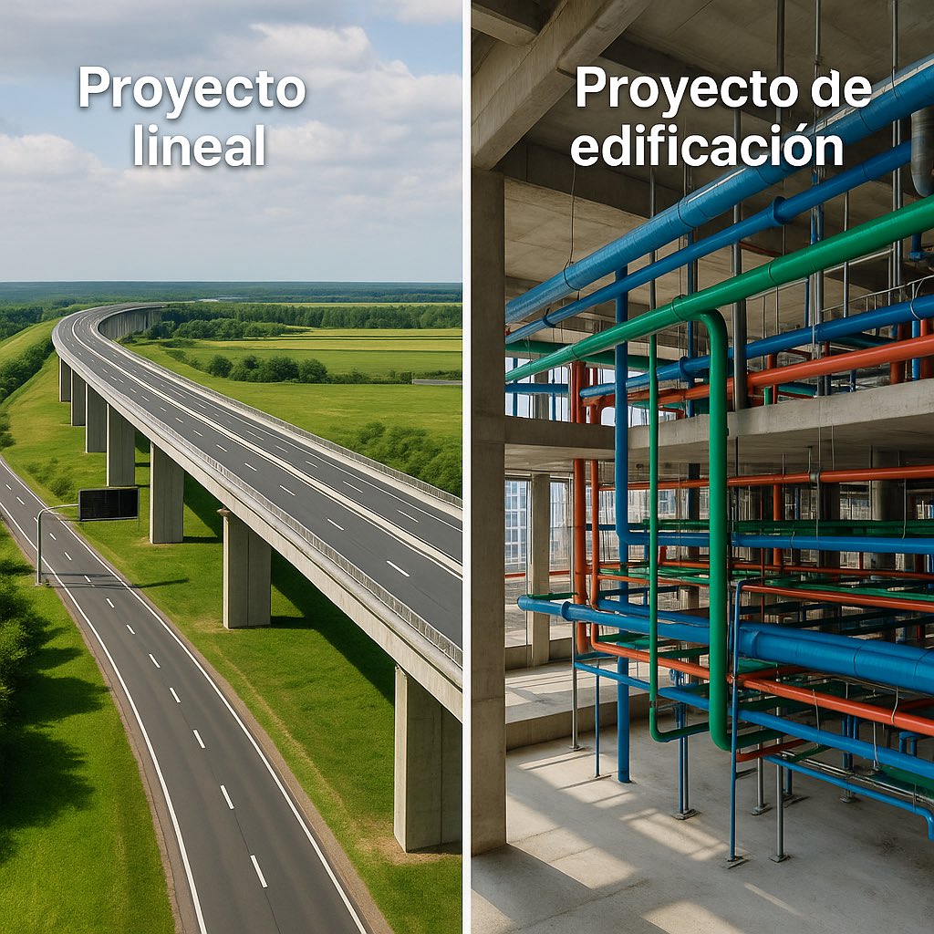 🔹 #BIM: lineal vs edificación.
🚧 Lineales = km continuos, BIM‑GIS clave, 4D/5D por tramos.
🏢 Edificación = detalle arquitectónico‑MEP, avance por niveles.
Adapta la metodología al ADN del proyecto y reduce huella 🌍♻️ #IngenieríaCivil #PMP