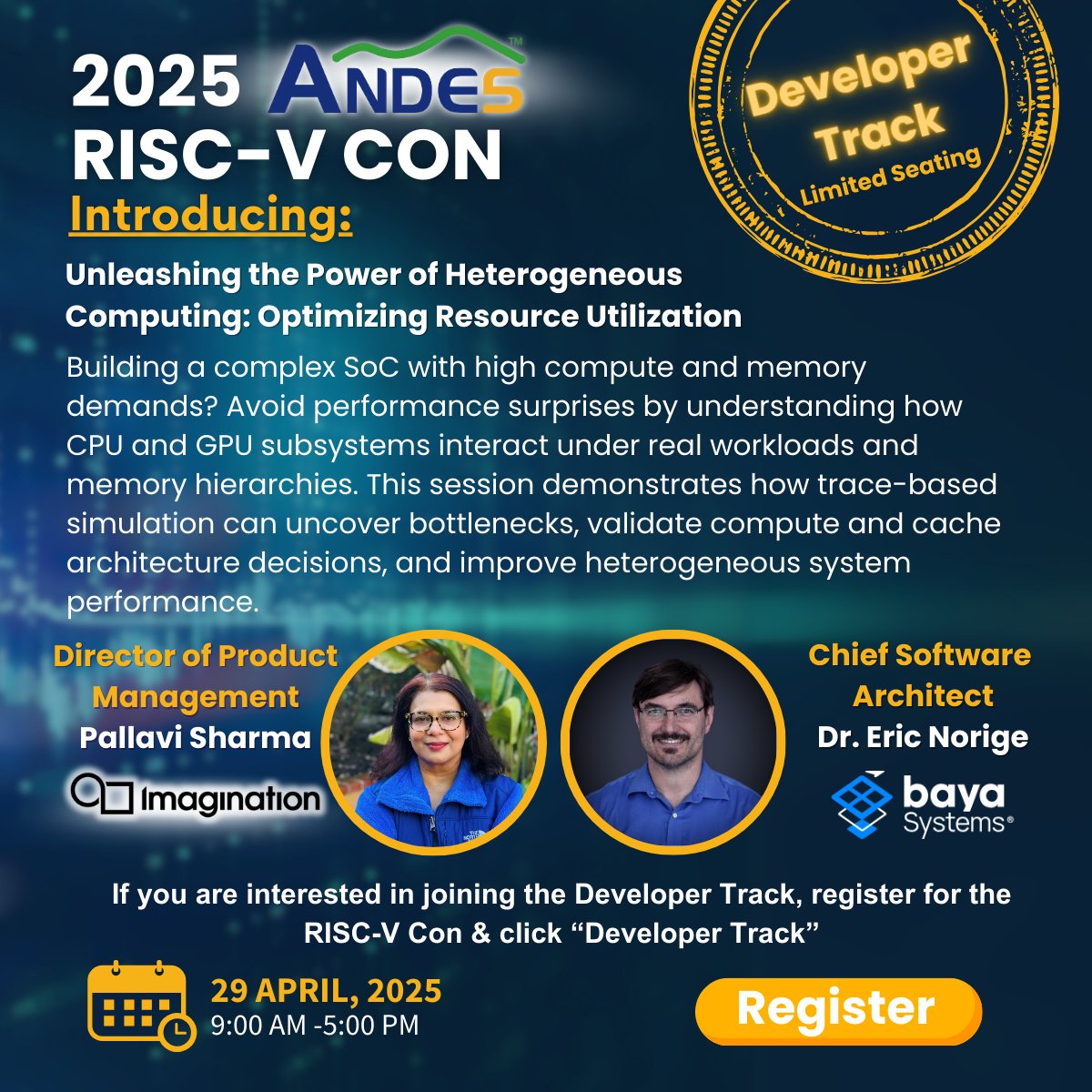 Baya Systems (@bayasystems) on Twitter photo Baya is thrilled to partner with <a href="/Andes_Tech/">Andes Technology</a> for their Developer Track @ 2025 RISC-V Con! Join us @ the San Jose DoubleTree on 4/29 to see Chief Software Architect, Dr. Eric Norige, lead a session with <a href="/ImaginationTech/">Imagination Technologies</a> on 𝗨𝗻𝗹𝗲𝗮𝘀𝗵𝗶𝗻𝗴 𝘁𝗵𝗲 𝗣𝗼𝘄𝗲𝗿 𝗼𝗳 Baya is thrilled to partner with <a href="/Andes_Tech/">Andes Technology</a> for their Developer Track @ 2025 RISC-V Con! Join us @ the San Jose DoubleTree on 4/29 to see Chief Software Architect, Dr. Eric Norige, lead a session with <a href="/ImaginationTech/">Imagination Technologies</a> on 𝗨𝗻𝗹𝗲𝗮𝘀𝗵𝗶𝗻𝗴 𝘁𝗵𝗲 𝗣𝗼𝘄𝗲𝗿 𝗼𝗳