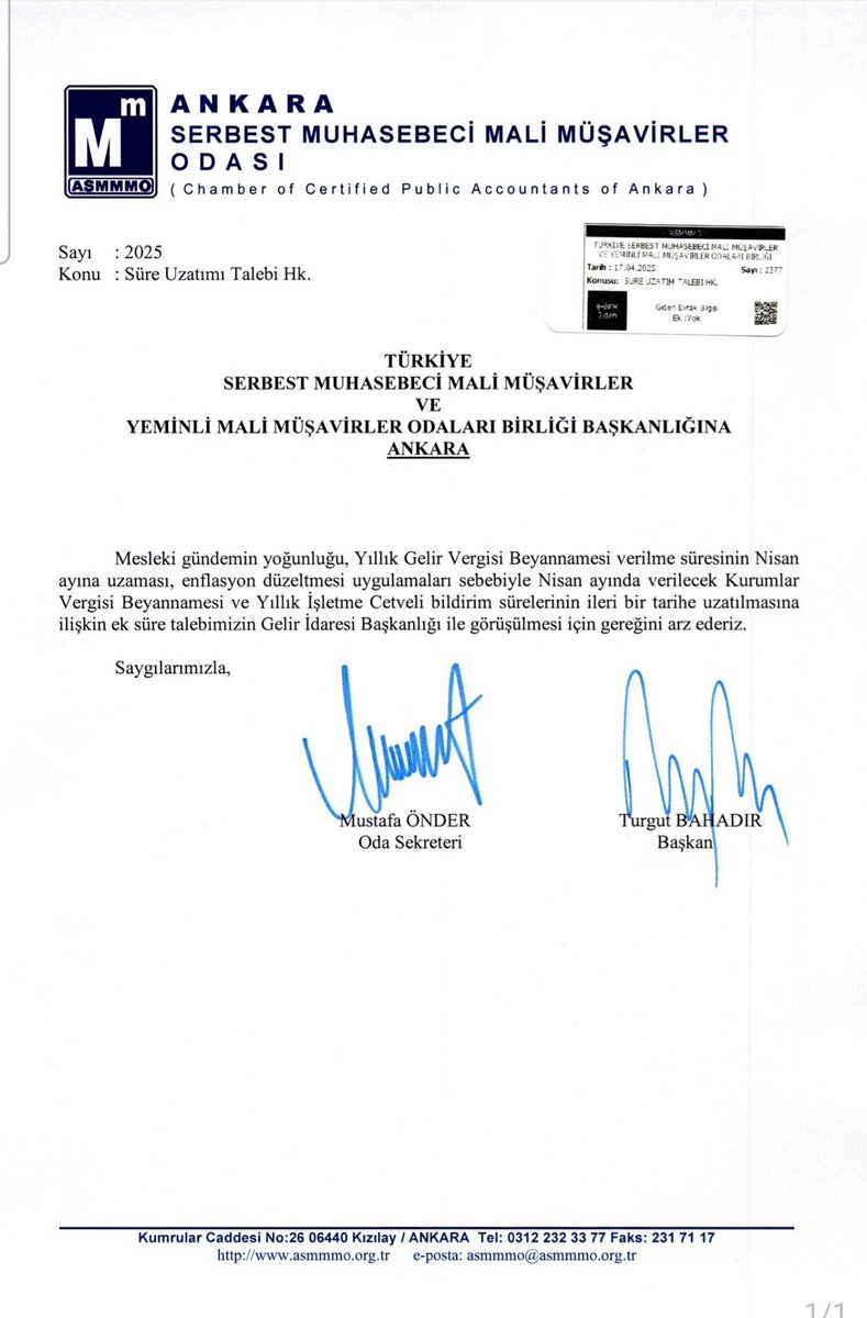 #BeyanlarUzatılsın 
<a href="/AnkaraSMMMO/">ASMMMO</a> Kurumlar Vergisi Beyannamesi Uzama Talebini erkenden yapti. 
 Aslinda Konu belli, talep belli, olacaklar belli.
Mart - Nisan - Mayis donemi meslek camiasinin kaos donemi. Talebe gerek olmadan uzamali.
Hep Birlikte Takipcisi olacagiz.
<a href="/MuhasebeBT/">Muhasebe Bilenler</a>