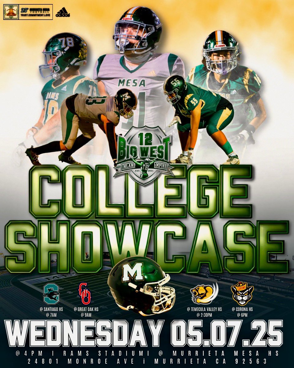 Oscar McBride (@ask_oscar) on Twitter photo College Coaches! We’re looking forward to seeing you at our showcase on May 7th at 4 pm! #ProtectTheCulture #TheStandard 🏆🏆🏆
<a href="/RamsFootball951/">Murrieta Mesa Rams Football</a> College Coaches! We’re looking forward to seeing you at our showcase on May 7th at 4 pm! #ProtectTheCulture #TheStandard 🏆🏆🏆
<a href="/RamsFootball951/">Murrieta Mesa Rams Football</a>