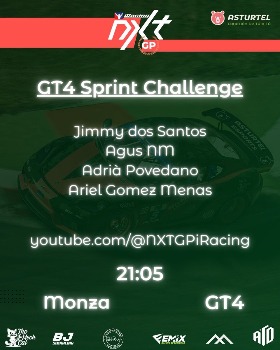 Asturtel eSports (@asturtelesports) on Twitter photo 🟠 NXTGP 🟠
Nos iniciamos en el campeonato de GT4 de <a href="/NXTGPiRacing/">NXTGPiRacing</a> 🙌🏽
👨🏽✈️ Jimmy dos Santos
👨🏽✈️ Agus NM
👨🏽✈️ Adrià Povedano
👨🏽✈️ Ariel Gomez Menas
📺 youtube.com/@NXTGPiRacing
⏰ 21:05
🐻 Conexión de tú a tú 🟠 NXTGP 🟠
Nos iniciamos en el campeonato de GT4 de <a href="/NXTGPiRacing/">NXTGPiRacing</a> 🙌🏽
👨🏽✈️ Jimmy dos Santos
👨🏽✈️ Agus NM
👨🏽✈️ Adrià Povedano
👨🏽✈️ Ariel Gomez Menas
📺 youtube.com/@NXTGPiRacing
⏰ 21:05
🐻 Conexión de tú a tú