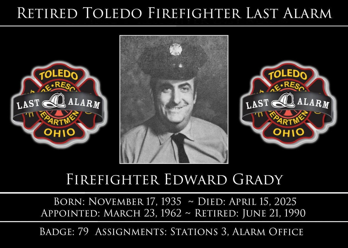 ToledoFire's tweet image. Last Alarm announcement for retired Toledo Firefighter Edward Grady on April 15, 2025. On behalf of Fire Chief Allison Armstrong and the men and women of the Toledo Fire &amp;amp; Rescue Department, we thank you Edward for your  28 years of service. 
#toledofire
#firstresponders