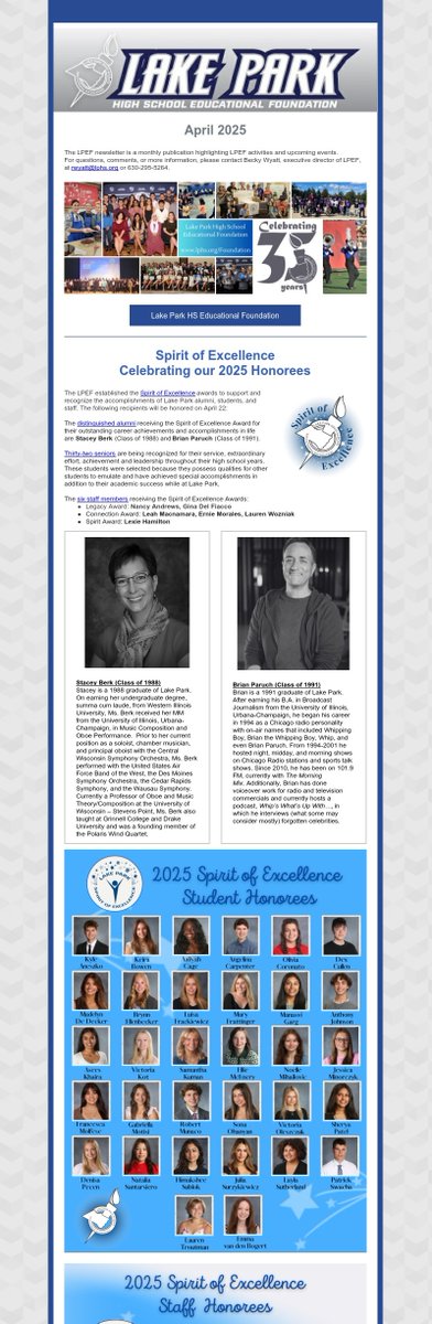 LPHS EF (@lphsef) on Twitter photo The April Newsletter is out! Read about the <a href="/LPLancers/">Lake Park HS</a> Spirit of Excellence alumni, student, and staff honorees that will be celebrated on April 22. Also included is information on #GivingDuPageDays and more!
conta.cc/4jDzlFE #WeAreLakePark The April Newsletter is out! Read about the <a href="/LPLancers/">Lake Park HS</a> Spirit of Excellence alumni, student, and staff honorees that will be celebrated on April 22. Also included is information on #GivingDuPageDays and more!
conta.cc/4jDzlFE #WeAreLakePark