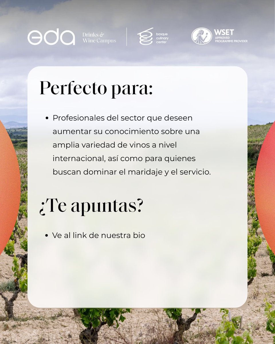 EDA Drinks & Wine Campus (@eda_campus) on Twitter photo 🍷 WSET2!
Los días 16 y 17 de junio celebraremos en <a href="/bculinary/">BasqueCulinaryCenter</a> una nueva edición de WSET2, perfecto para quienes quieren profesionalizar sus conocimientos y profundizar en el universo vitivinícola 🍇Inscripciones 👉🏼 bculinary.com/es/cursos-prof… 🍷 WSET2!
Los días 16 y 17 de junio celebraremos en <a href="/bculinary/">BasqueCulinaryCenter</a> una nueva edición de WSET2, perfecto para quienes quieren profesionalizar sus conocimientos y profundizar en el universo vitivinícola 🍇Inscripciones 👉🏼 bculinary.com/es/cursos-prof…
