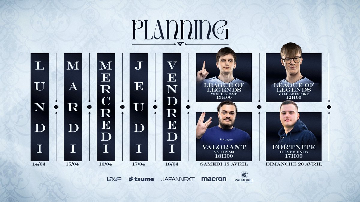 🗓️  Ce week-end, c'est le retour notre cher et tendre Esport ! Et on va très bien manger 😁 

Pour la #Div2LoL :
19/04 ▶ 🆚 <a href="/skillcamp_gg/">Skillcamp</a>
⏰13h
20/04 ▶ 🆚 <a href="/LilleEsportClub/">Lille Esport</a>
⏰12h

Pour la <a href="/valleague_fr/">Challengers France</a>  :
20/04 ▶ 🆚 "Ex-DVM" (BO3)
⏰18h

Pour <a href="/FortniteFR/">Fortnite 🇫🇷 officiel</a> :
20/04 ▶ FNCS Major