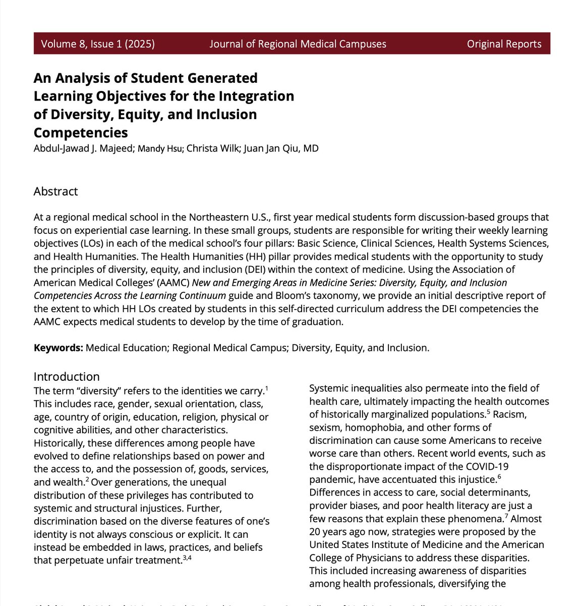 aj_majeed's tweet image. As a medical student at the Penn State College of Medicine’s University Park Regional Campus, I’m proud to share this publication in the Journal of Regional Medical Campuses! 
📚🖋️

pubs.lib.umn.edu/index.php/jrmc…

#WeAre #PSU #MedTwitter