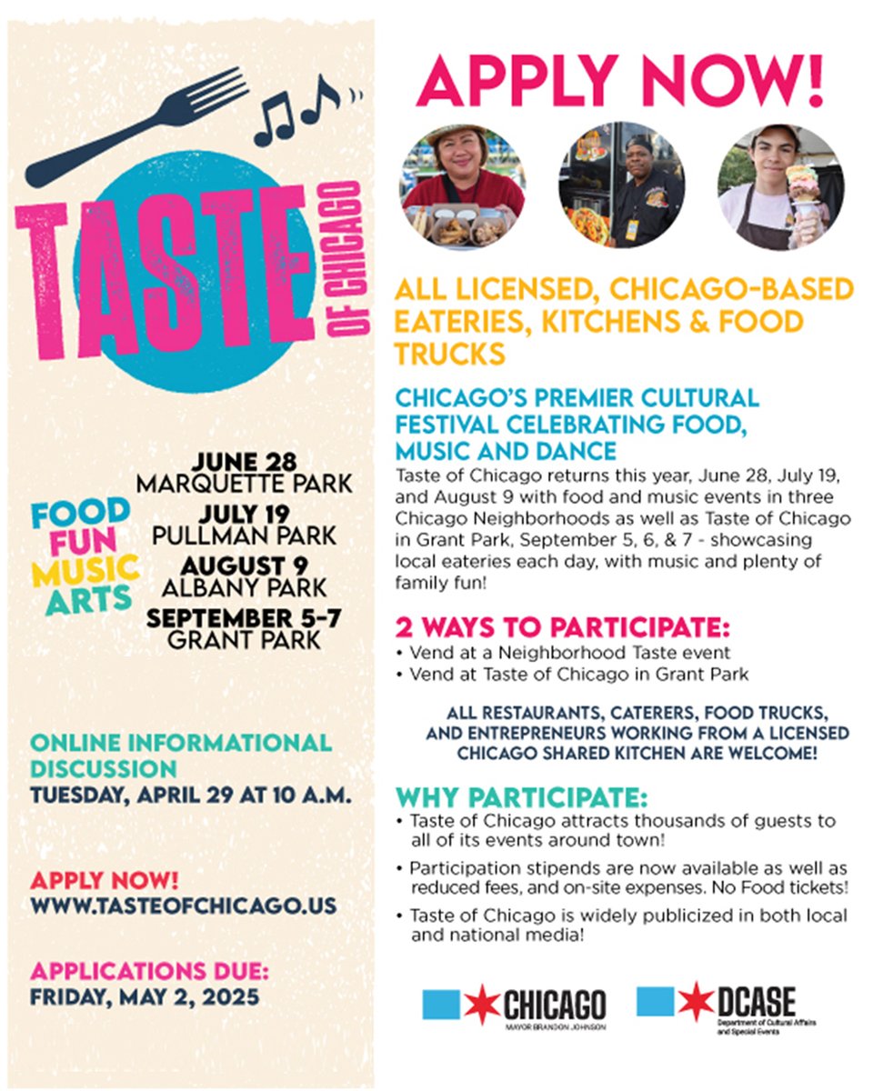 Calling all Chicago restaurants, food trucks and shared kitchens: applications are now LIVE to vend at one of the world's largest and greatest food festivals!

Details at TasteofChicago.us. Informational webinar on April 29. Apply no later than May 2.

#TasteofChicago