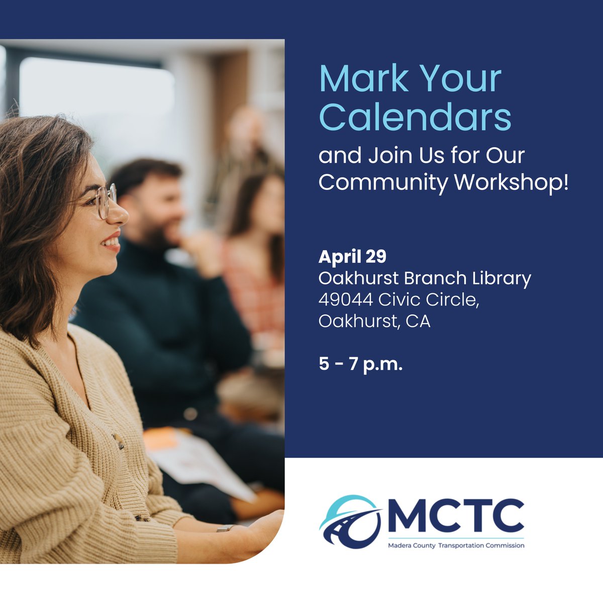 Mark Your Calendar! Join us at our upcoming SCS community workshop to provide input on the draft SCS scenarios, provide comments and participate in interactive activities.

April 29
- Oakhurst Branch Library
- 5 - 7 p.m.

Click the link to learn more! bit.ly/3XefaFf