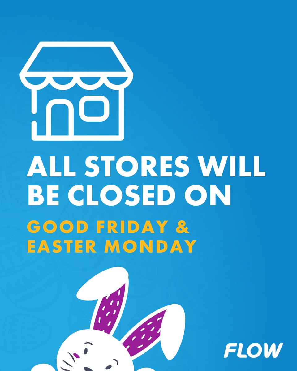 Hopping away briefly! 🐰 
Our retail stores will be closed April 18 &amp; 21 for Easter. We will be back April 22 refreshed and ready to serve you. Our online support is still available while we're away. Happy Easter from your Flow family! #EasterWeekend