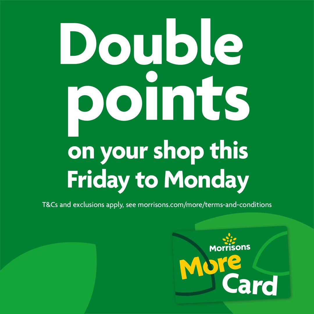 Morrisons's tweet image. A bank holiday treat 👏 Earn double points this Friday to Monday with your More Card! 🛒💳