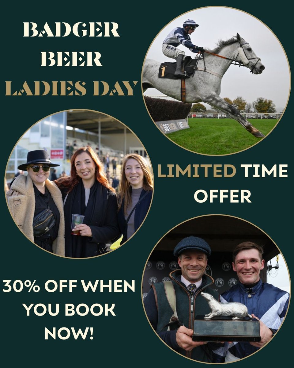 Wincanton Racecourse (@wincantonraces) on Twitter photo โจ ๐๐๐ ๐
๐๐ ๐๐๐๐! โจ
Badger Beer Ladies Day is here โ the iconic Badger Beers Chase Day, now with a fabulous new flair! ๐
๐ ๐๐% ๐๐
๐
๐๐๐๐๐๐๐ โ for a limited time only!
๐
Saturday 8th November
๐๏ธ Book online now and lock it in! โจ ๐๐๐ ๐
๐๐ ๐๐๐๐! โจ
Badger Beer Ladies Day is here โ the iconic Badger Beers Chase Day, now with a fabulous new flair! ๐
๐ ๐๐% ๐๐
๐
๐๐๐๐๐๐๐ โ for a limited time only!
๐
Saturday 8th November
๐๏ธ Book online now and lock it in!