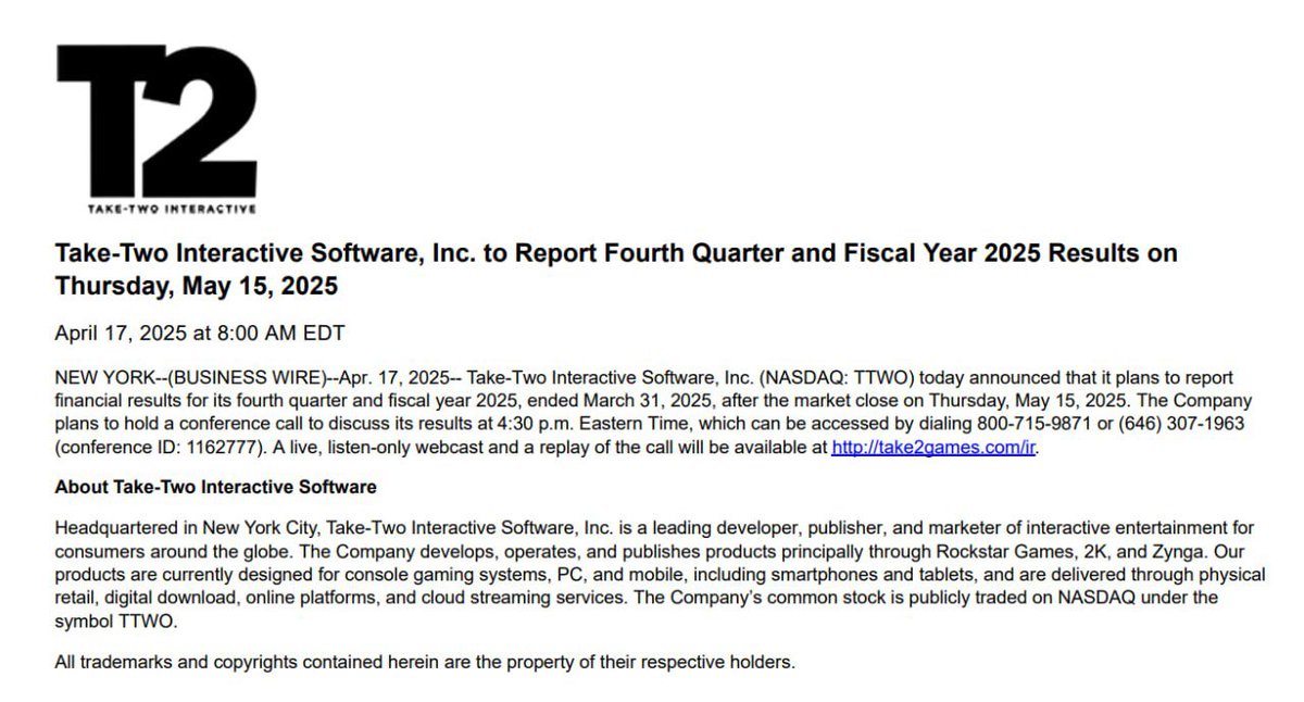 GameRoll_'s tweet photo. NEWS: Take-Two Interactive’s next earnings call will occur on Thursday, May 15th.

This is a pretty big call as it is when we will know for sure whether or not GTA 6 is coming out this year. If they still reiterate Fall 2025, then the chances of a delay are extremely slim. https://t.co/JaK01n4sqo