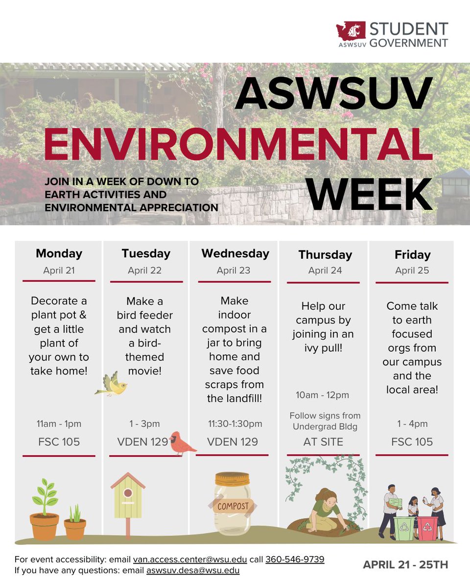 Get your hands dirty (in the best way)! 🌍
Join ASWSUV for Environmental Week April 21–25:
🌱 Pot a plant
🐦 Bird feeder + movie
♻️ Compost in a jar
🌿 Ivy pull
🌎 Local eco-org fair

Full schedule &amp; locations on the flyer!

#GoVanCougs #EnvironmentalWeek #ASWSUV #Sustainability