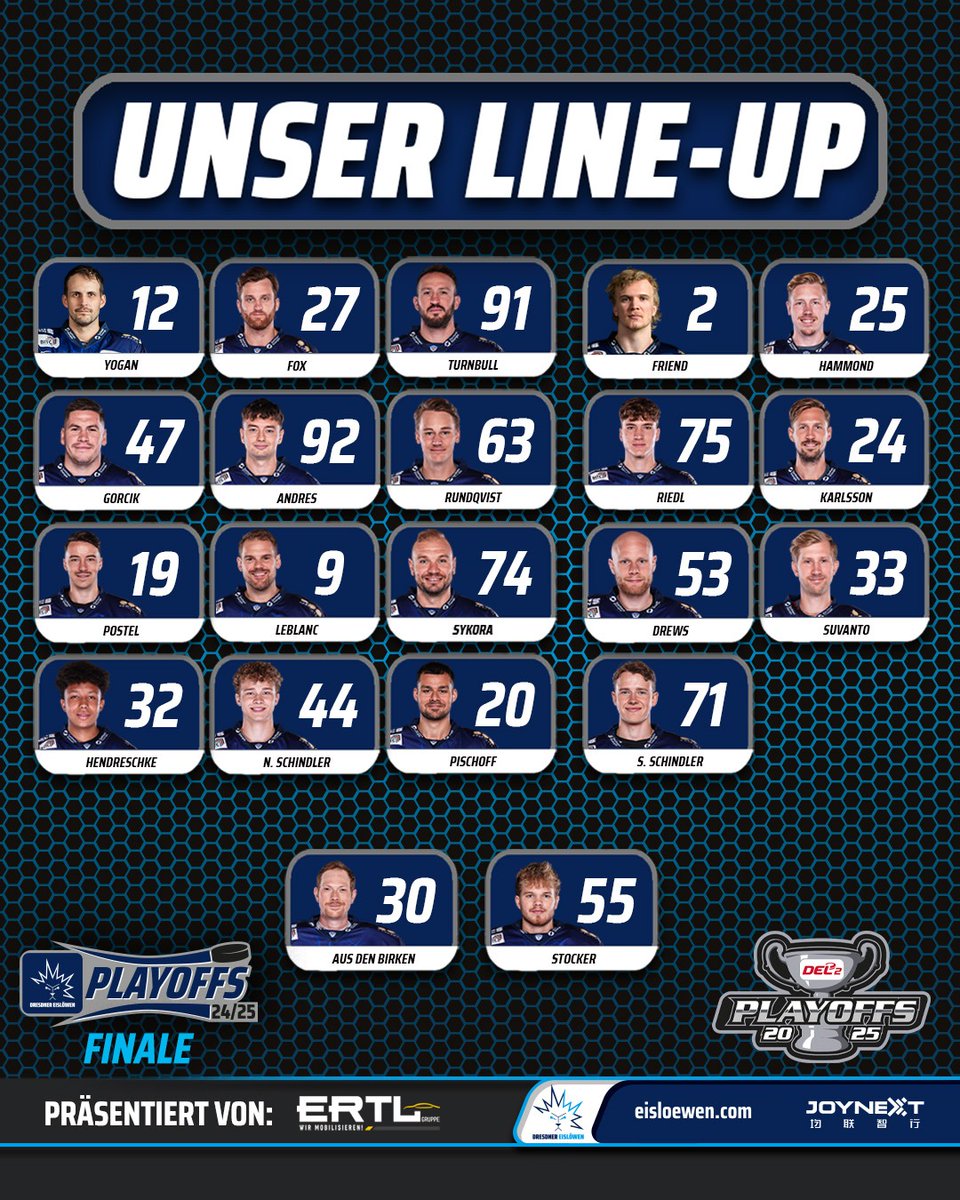 In einer Stunde geht's los, Finale Spiel 1 steht an - endlich!
Gegen die Ravensburg Towerstars beginnen wir mit dieser Aufstellung.

#EislöwenRudel #DresdnerEislöwen #RVTvsDRE