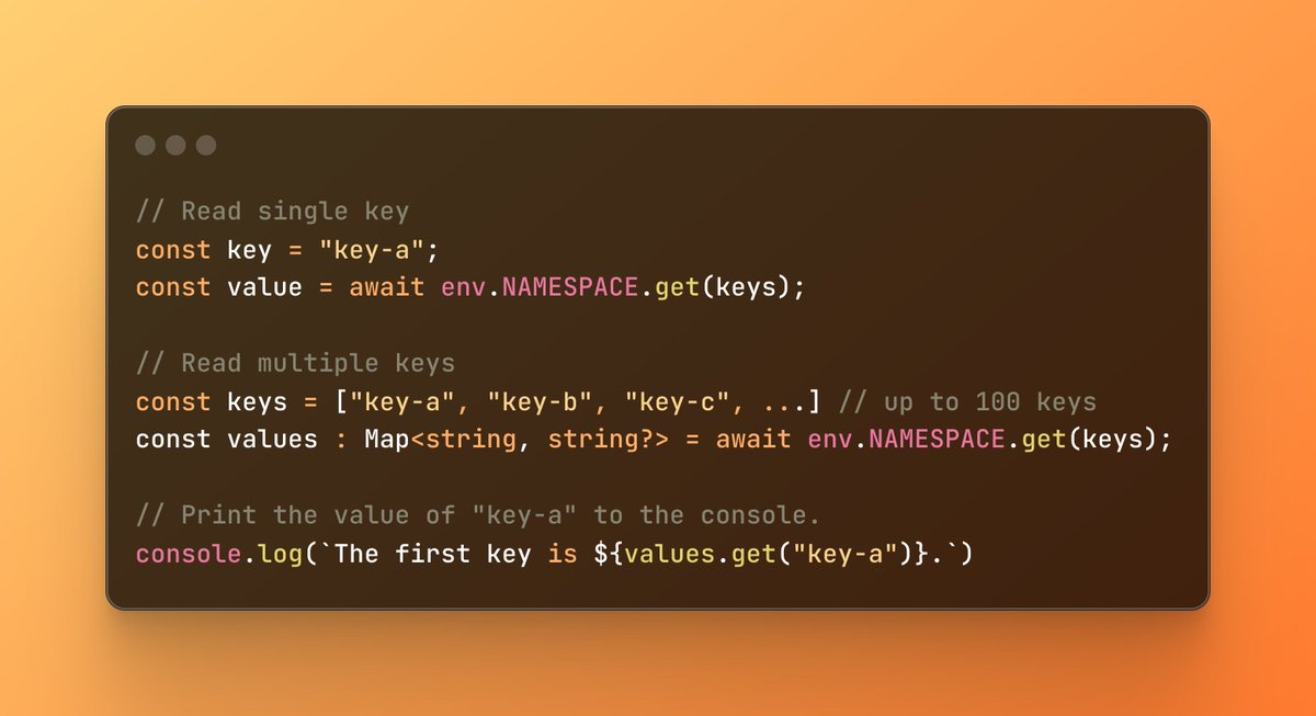 Thomas Gauvin (@thomasgauvin) on Twitter photo Little treat post-<a href="/CloudflareDev/">Cloudflare Developers</a> Week: Bulk reads in Workers KV just landed!
Now, you can fetch multiple key-value pairs using the Workers KV binding in a single operation 🚀 TLDR: faster and easier to get multiple values in a single Worker invocation! Little treat post-<a href="/CloudflareDev/">Cloudflare Developers</a> Week: Bulk reads in Workers KV just landed!
Now, you can fetch multiple key-value pairs using the Workers KV binding in a single operation 🚀 TLDR: faster and easier to get multiple values in a single Worker invocation!