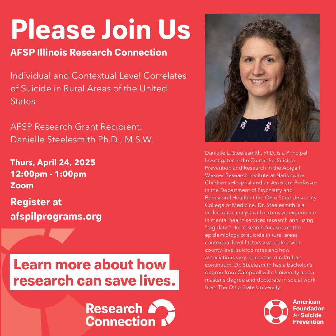 The more we understand about suicide, the more we can prevent it. AFSP-funded research is essential to our mission of saving lives and bringing hope to those affected by suicide. Join us in learning more. 

Register at AFSPILPROGRAMS.ORG