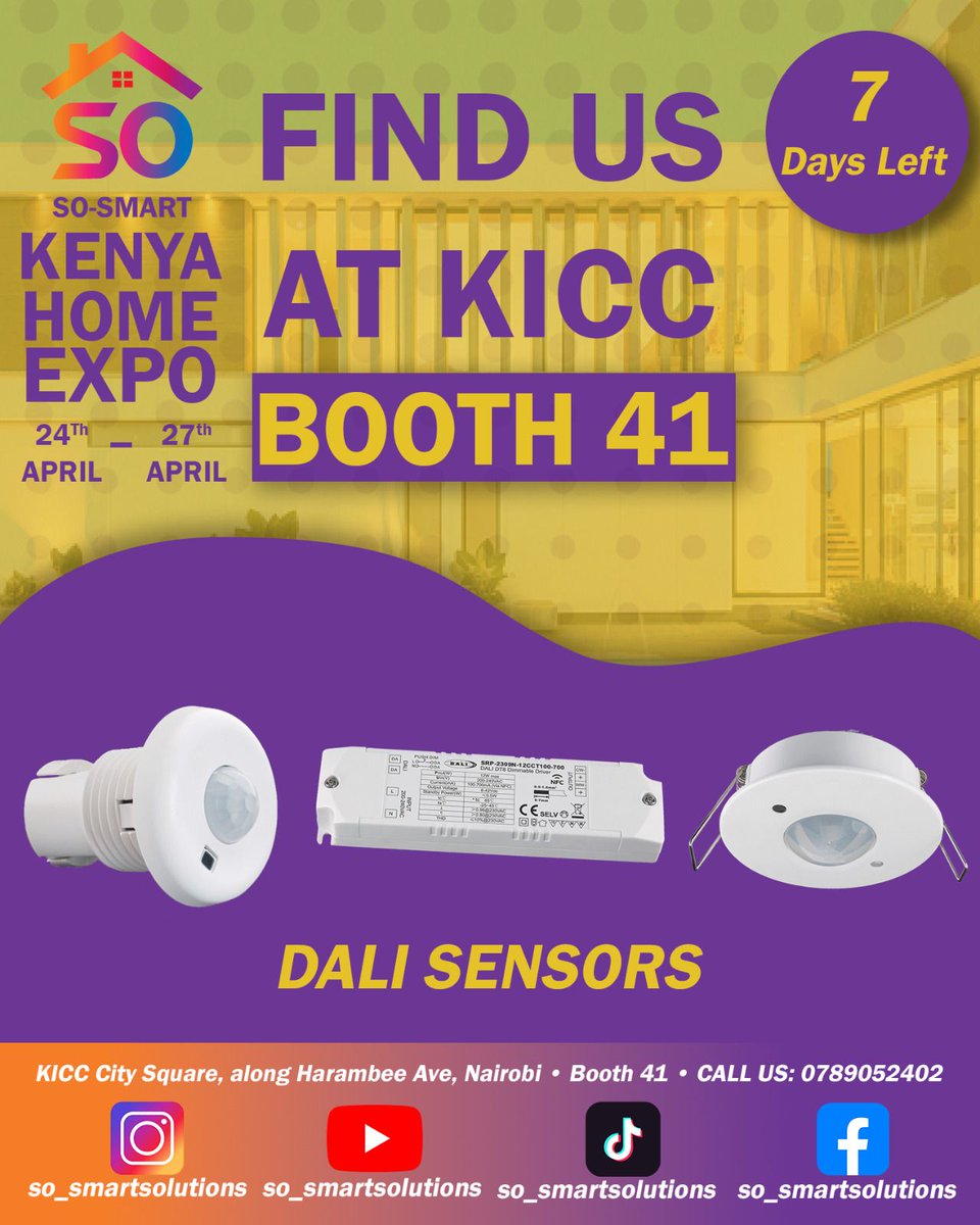 SoSmartHome's tweet image. 🚨 7 DAYS TO GO!
So-Smart is counting down to the Kenya Homes Expo at KICC, Booth 41!
Discover smart home tech, DALI sensors &amp;amp; automation from April 24–27 🏡💡

🎟️ Tickets only Ksh. 100 → bit.ly/KenyaHomesExpo…
#SoSmartSolutions #KenyaHomesExpo