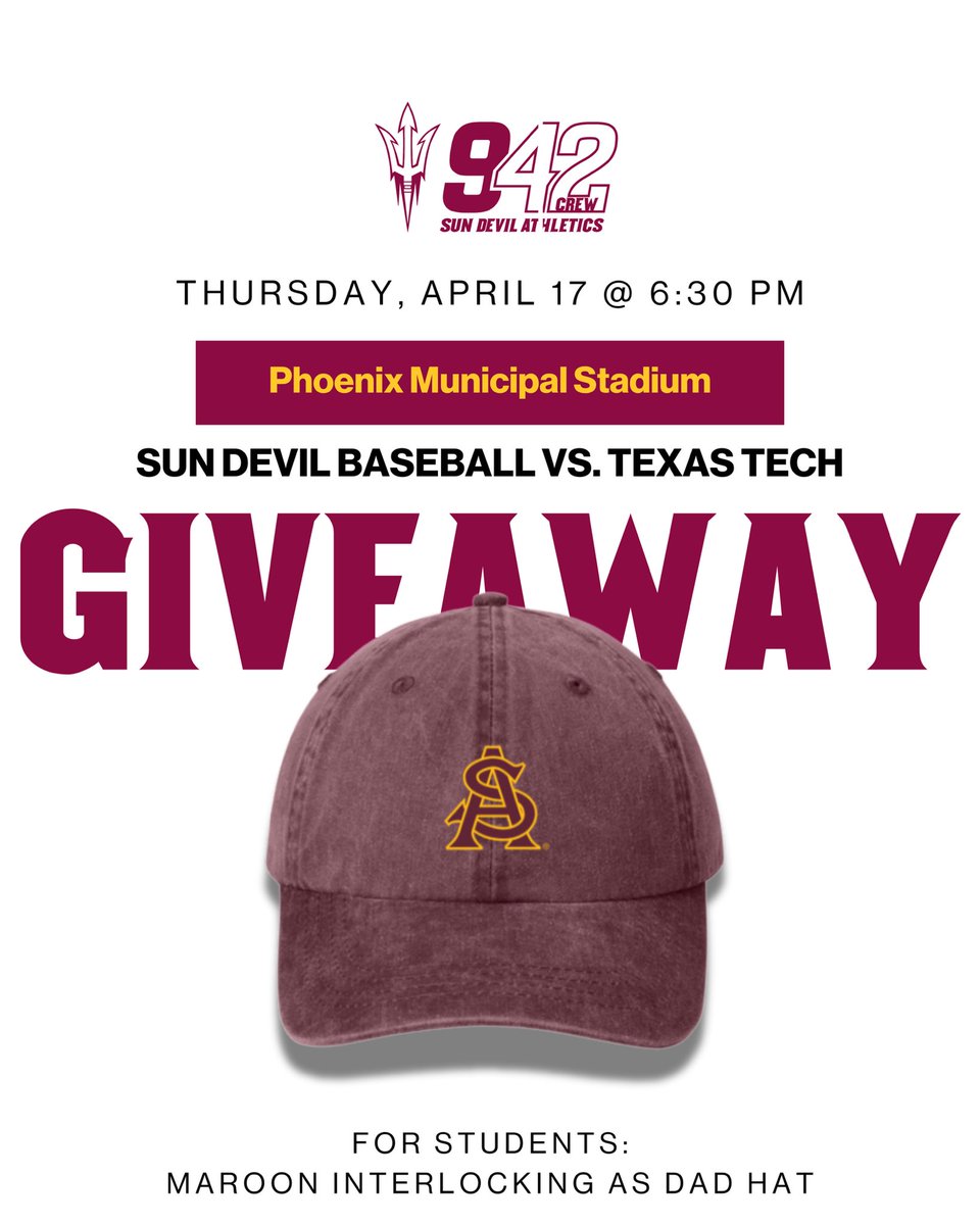 THURSDAY NIGHT BASEBALL. ⚾️

🆚 Texas Tech
📍 Phoenix Municipal Stadium
⏰ 6:30 PM MST
🎟️ Claim On The SDA App
🧢 Maroon Interlocking AS Dad Hat Giveaway For Students

See you there Devils! 🔱