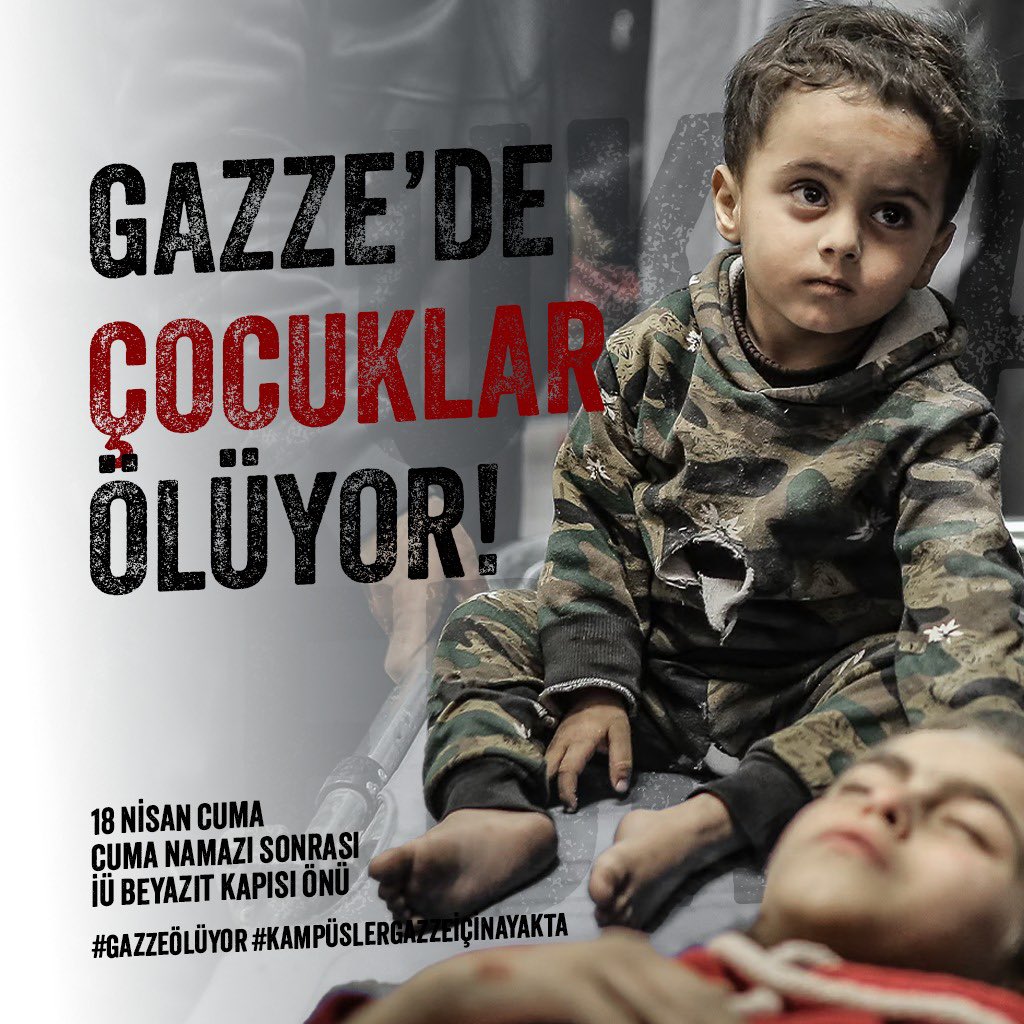“Bir çocuğun hayali değil, cesedi taşınıyor Gazze sokaklarında.”

#GazzeÖlüyor 
#KampüslerGazzeİçinAyakta
