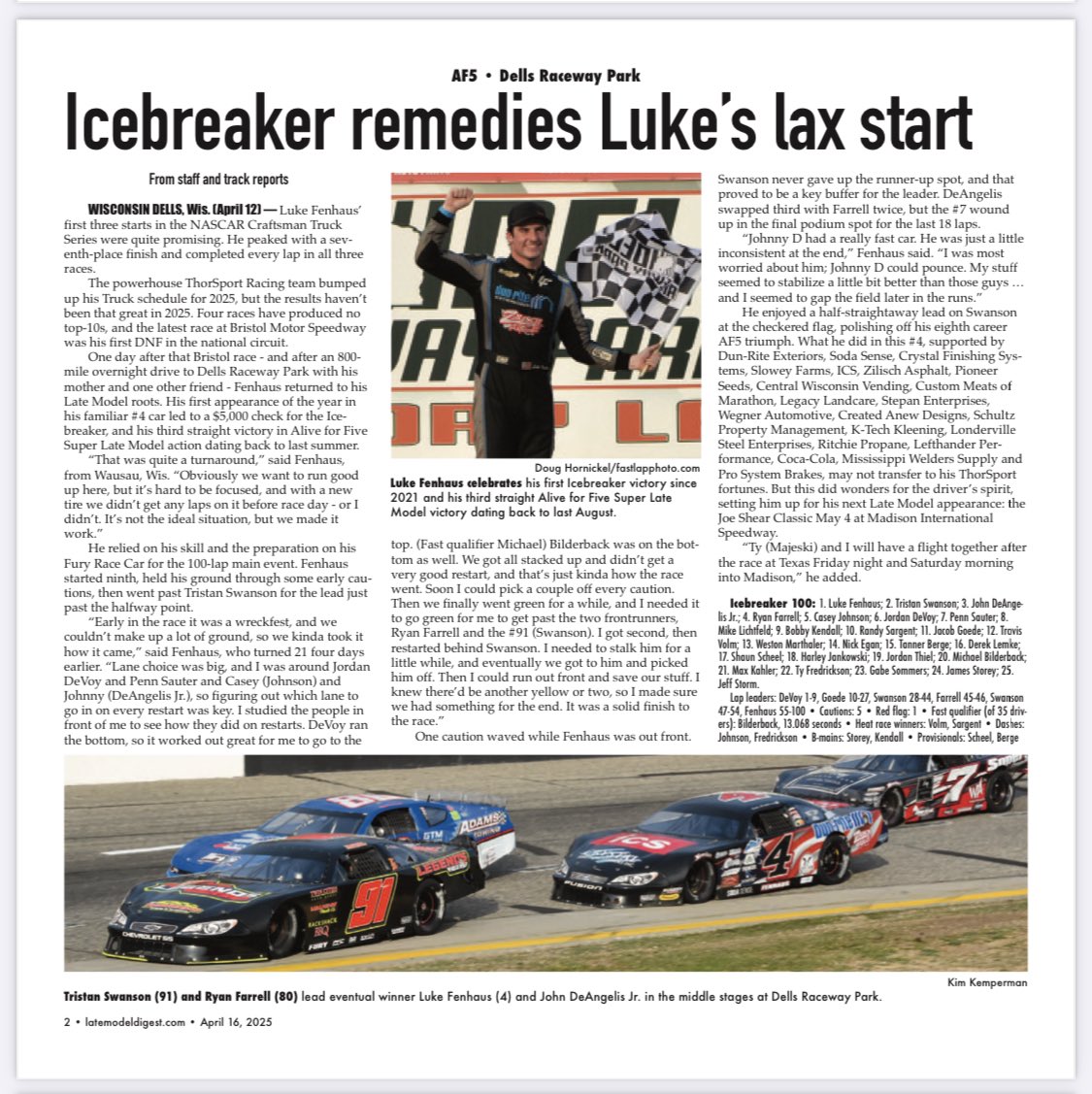 TomRobertsPR's tweet image. So awesome to see @luke_fenhaus back on the cover of this week’s edition of #LateModelDigest! Thanks for the great race recap, @JimCarsonLMD! Props to “Mom Lori” for helping get him from @ItsBristolBaby to @DellsRaceway! Big late 21st birthday present for the fantastic racer!🏁🏆