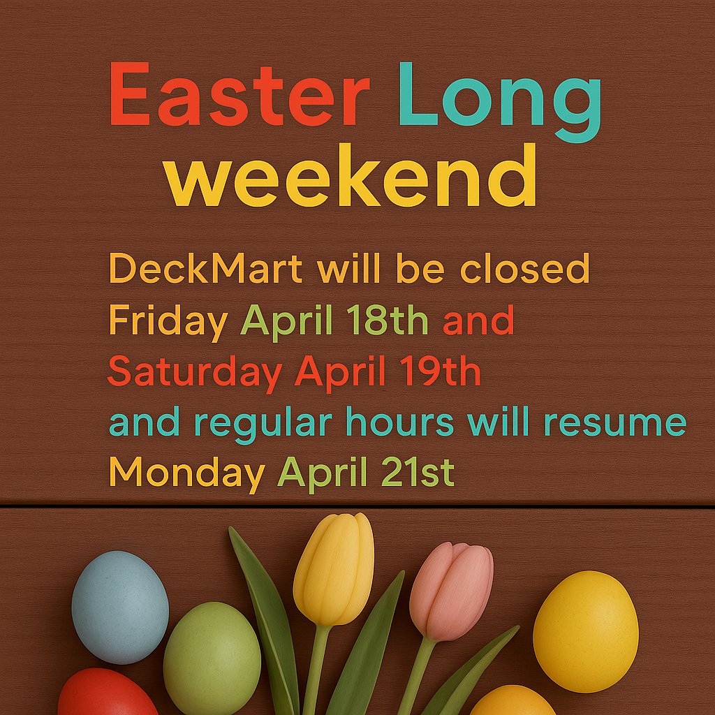 deckmart's tweet photo. 📣 Easter Long Weekend Update
DeckMart will be closed on Friday, April 18th, and Saturday, April 19th, to celebrate the holiday.
We’ll be back to serve you on Monday, April 21st, with regular hours.

Wishing you a bright and beautiful Easter ahead! 🌸🐣

#deckmartbuildingsupplies https://t.co/6aRW2tlz8s
