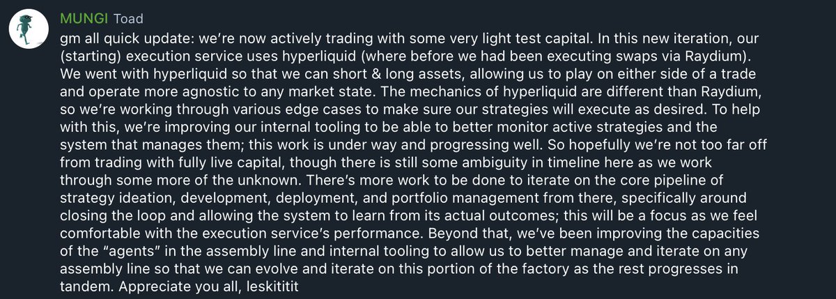 Exciting update from contributors of the ASYM network.
Mungi &amp; Boboch continue to ship. See the latest below:

We’re now actively trading with light test capital.

Execution has moved from Raydium to Hyperliquid, enabling both long and short positions—making us more