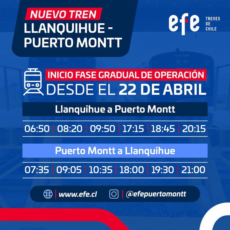 ¡Desde el martes 22 de abril vuelve el tren a Puerto Montt con una primera etapa de operación progresiva 🚄, para que más personas puedan moverse de forma cómoda y segura 👏😍!

Revisa los horarios 🕣👇.