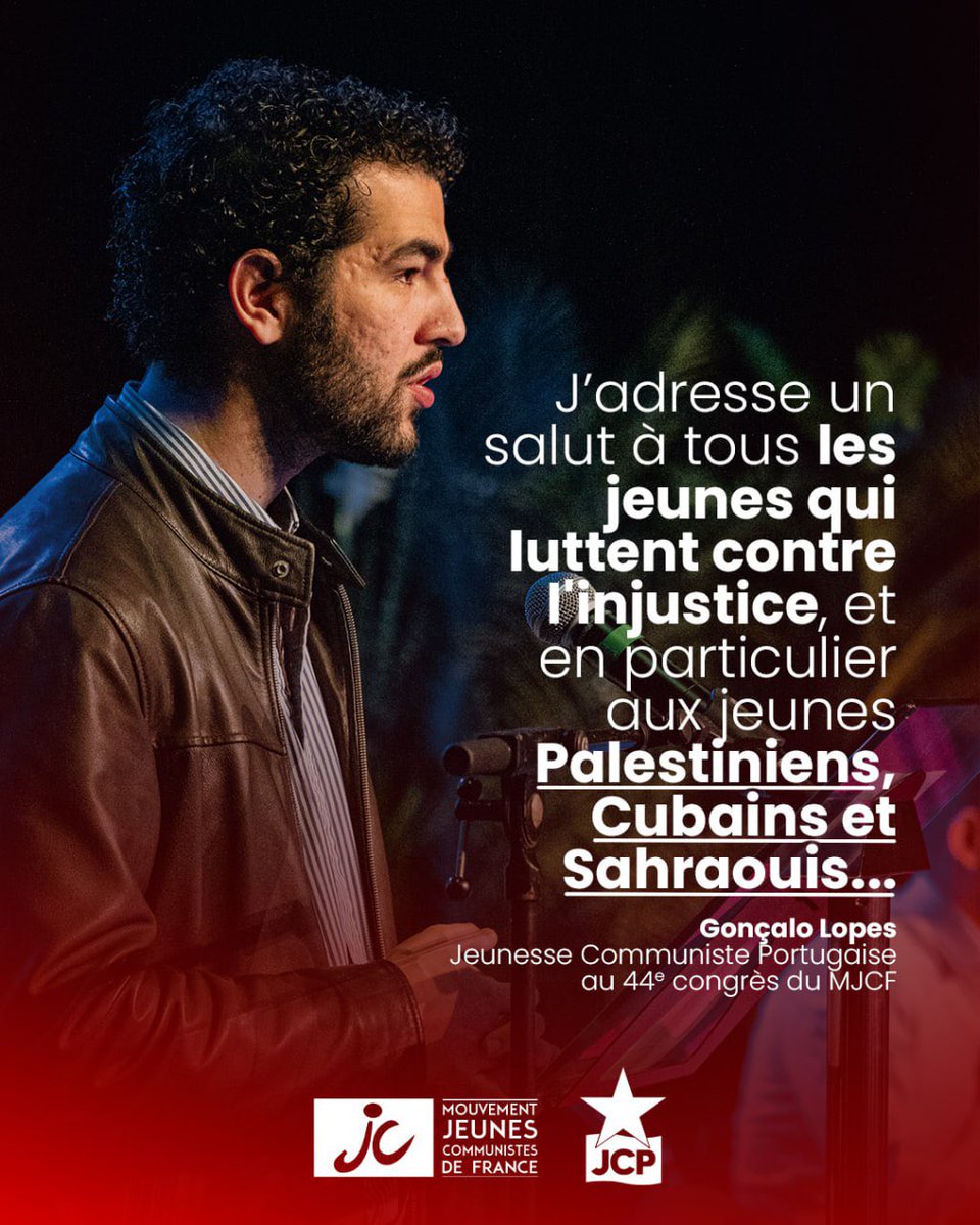 La Jeunesse Communiste Portugaise a délivré un message de solidarité au congrès du #MJCF, insistant sur nos luttes anti-impérialistes communes au sein de la #FMJD.

✊ Rejoins le MJCF et renforce le combat internationaliste de la jeunesse pour la #paix et la #justice !