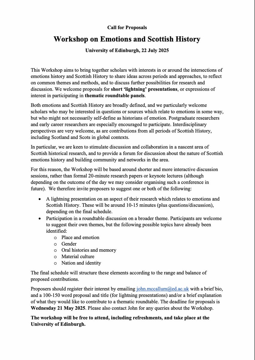 CfP from University of Edinburgh: Workshop on Emotions and Scottish History. Deadline:  21 May 2025.