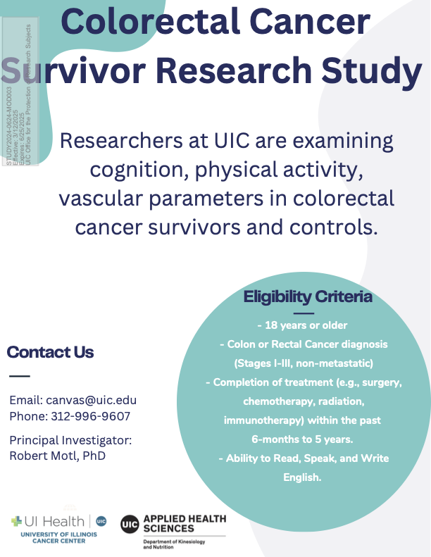 Researchers at the UIC invite you to participate in a voluntary study that focuses on understanding the differences in parameters among colorectal cancer survivors and controls. If interested, please fill out our pre-enrollment form here, redcap.ihrp.uic.edu/surveys/?s=AWX…