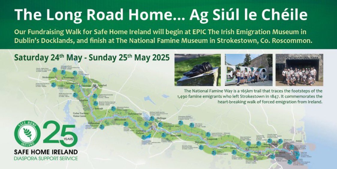 Irish Heritage Trust (@irheritagetrust) on Twitter photo Join <a href="/Safehomeireland/">Safe Home Ireland</a>’s Fundraising Walk on May 24th & 25.
Walk the historic <a href="/famineway/">National Famine Way</a> from <a href="/EPICMuseumCHQ/">EPIC The Irish Emigration Museum</a> Dublin to <a href="/strokestownpark/">National Famine Museum | Strokestown Park</a> Roscommon.
Sign up 👉 shorturl.at/geVDv
#WalkWithUs #FamineWay Join <a href="/Safehomeireland/">Safe Home Ireland</a>’s Fundraising Walk on May 24th & 25.
Walk the historic <a href="/famineway/">National Famine Way</a> from <a href="/EPICMuseumCHQ/">EPIC The Irish Emigration Museum</a> Dublin to <a href="/strokestownpark/">National Famine Museum | Strokestown Park</a> Roscommon.
Sign up 👉 shorturl.at/geVDv
#WalkWithUs #FamineWay
