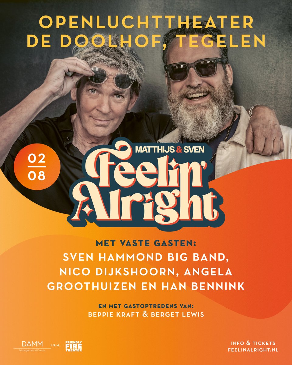 GAST ARTIESTEN ANNOUNCEMENT 
Tijdens de Feelin’ Alright show in Tegelen zullen o.a gastartiesten <a href="/Angelagroothuiz/">Angela Groothuizen</a> ,
Han Bennink, Berget Lewis, Beppie Kraft en Nico Dijkshoorn aanwezig zijn! 🔥 #feelinalright