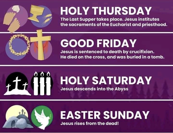 Holy Thursday: Mass at 7pm

Good Friday: Liturgy of The Passion at 3pm &amp; Stations of The Cross at 7pm

Holy Saturday: Easter Vigil at 8:30pm 

Easter Sunday: Masses at 10am &amp; 11:30am
Kids Easter Egg Hunt in the garden after both Sunday Masses. All Welcome.
