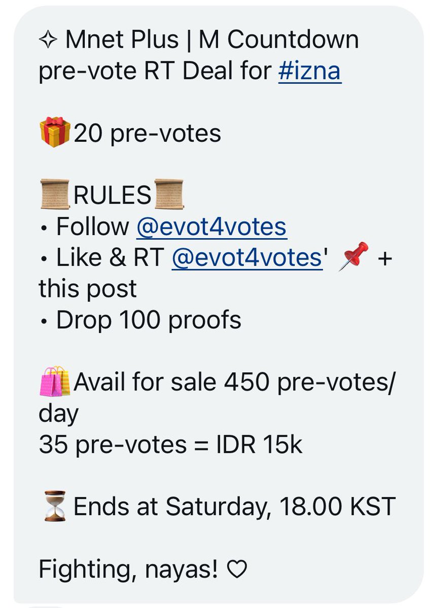 [250418] RT DEAL for #IZNA 

🗳️ MCOUNTDOWN PRE VOTE

🏆 20 Pre-votes

RULES:
- Follow <a href="/evot4votes/">evot4votes</a> 
- Like &amp; RT pinned &amp; this tweet
- Minimum 100 Proof

🗓️ Ends on APRIL 16, 6PM KST

#izna #이즈나 #イズナ <a href="/izna_offcl/">izna</a> <a href="/izna_offcl_jp/">izna JP</a>