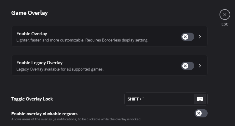 MasonReact's tweet image. Make sure you change these settings on @discord to save your FPS and help reduce input lag while gaming ๐
1. Settings > Game Overlay > Turn ALL 3 overlay settings OFF
2. Advanced > Turn off Hardware Acceleration
3. Accessibility > Turn ON Enable Reduced Motion