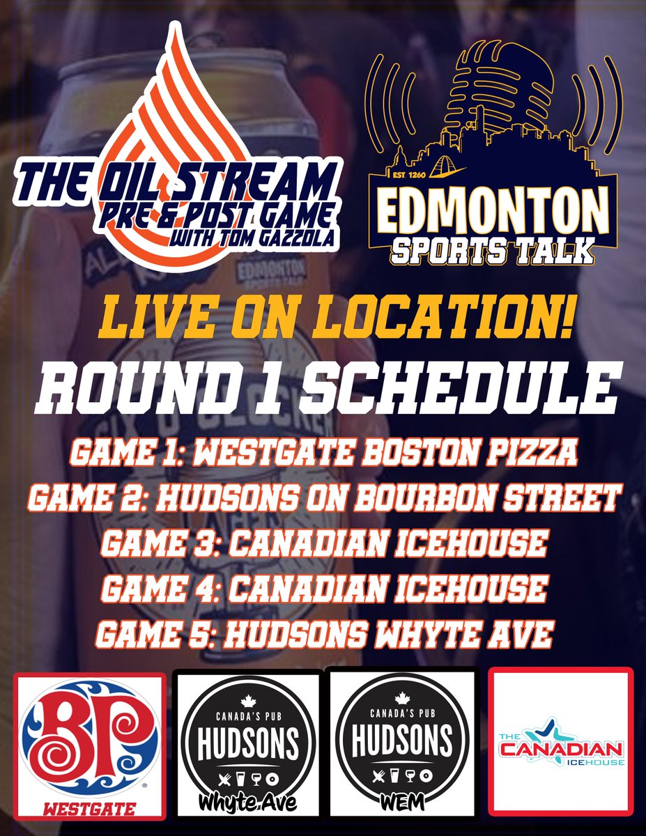 *ROUND 1 SCHEDULE IS OUT*

Game 1 - @ LA - Apr. 21 - 8 PM
Game 2 - @ LA - Apr. 23 - 8 PM
Game 3 - @ EDM - Apr. 25 - 8 PM
Game 4 - @ EDM - Apr. 27 - 7:30 PM

*Game 5 - @ LA - Apr. 29
*Game 6 - @ EDM - May 1
*Game 7 - @ LA - May 3

See you on location! #LetsGoOilers #Oilers