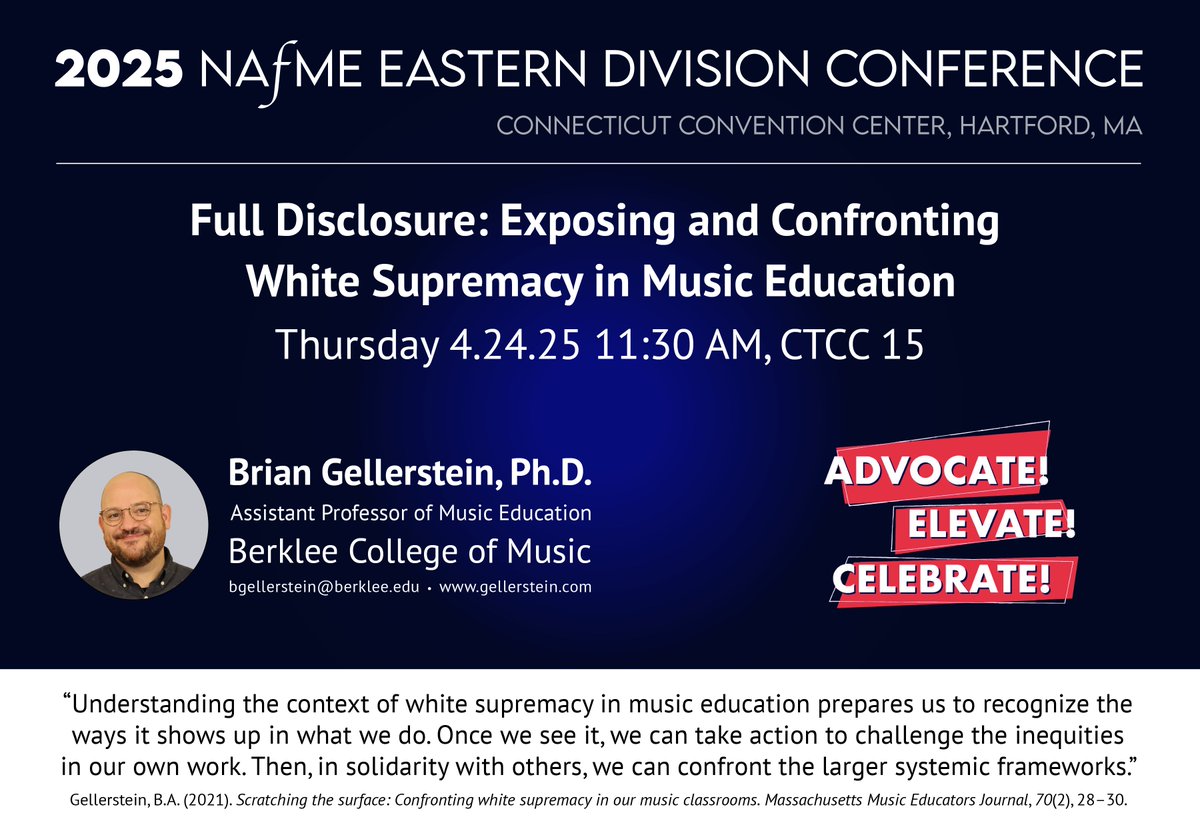 If you are going to be at the NAfME Eastern Division conference next week, I would love to see you at my session Full Disclosure: Exposing and Confronting White Supremacy in Music Education. 
cmea.org/2025-nafme-eas…
