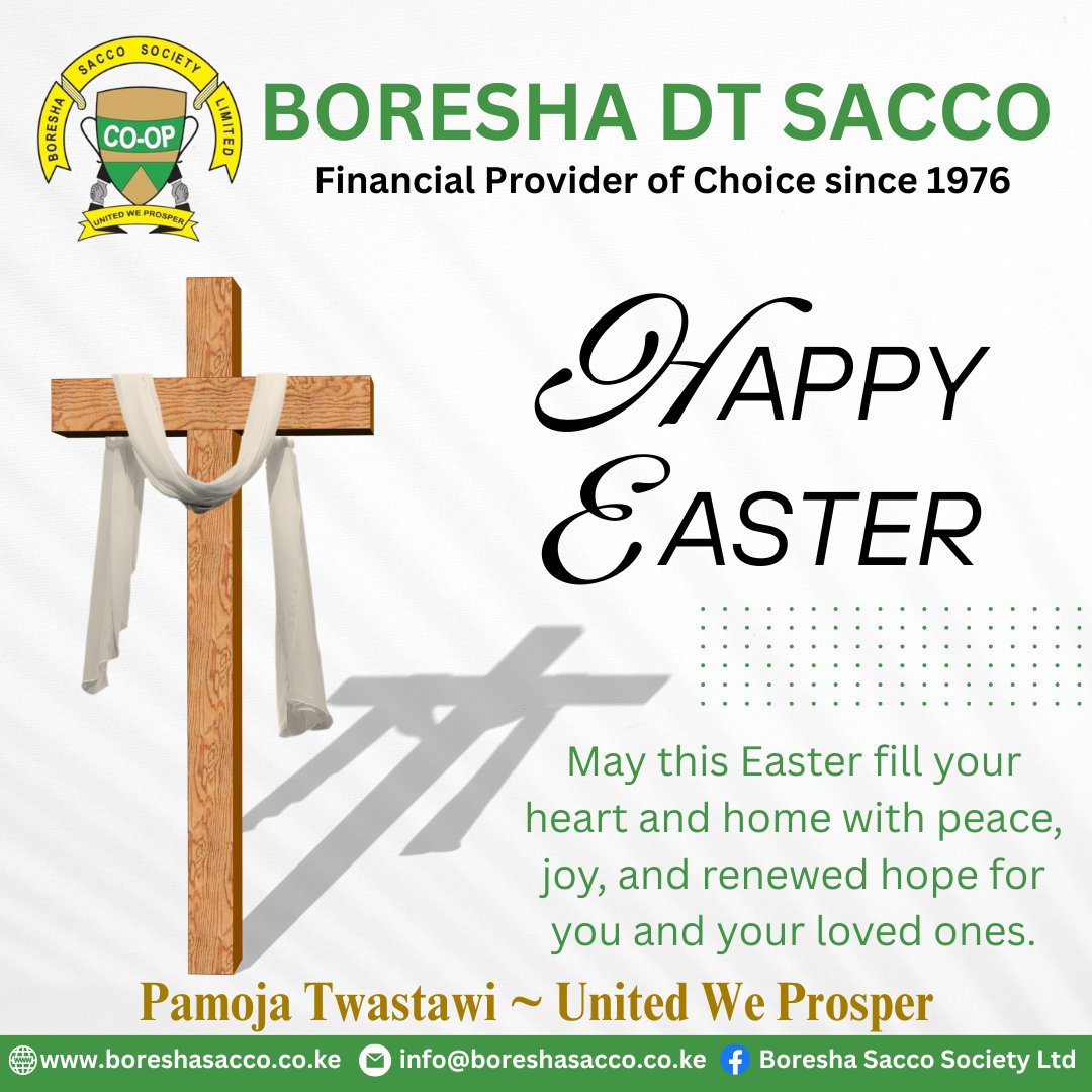 May this Easter bring peace to your heart, love to your home, and a renewed sense of hope for the days ahead.

Our offices will be closed on April 18th &amp; 21st, reopening the following day. 

You can access our services via M-Boresha (*434#) or Saccolink ATM. #HappyEaster2025